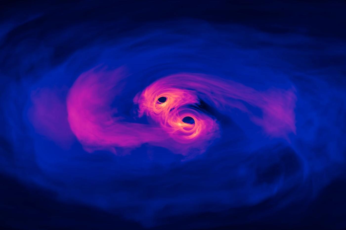 Une vue d'artiste d'un couple de trous noirs supermassifs sur le point de fusionner.