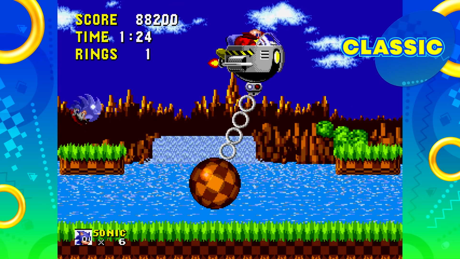 Capture d'écran du boss du monde 1 de Sonic 1 avec Eggman dans son vaisseau