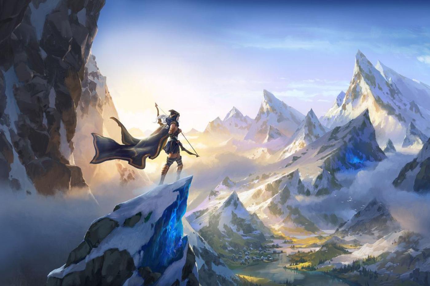 Image promotionnelle de Legends of Runeterra montrant Ashe, archère de League of Legends sur un pic de montagne observant un paysage montagneux enneigé