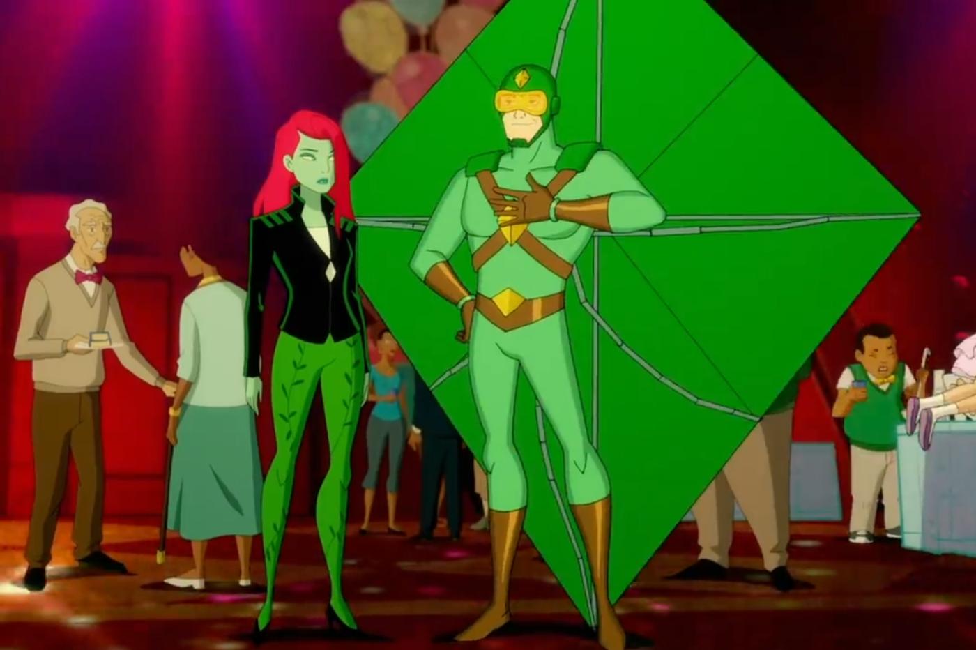 Capture d'écran de la série animée Harley Quinn ou l'ont peut voir Kite Man et Poison Ivy à une soirée