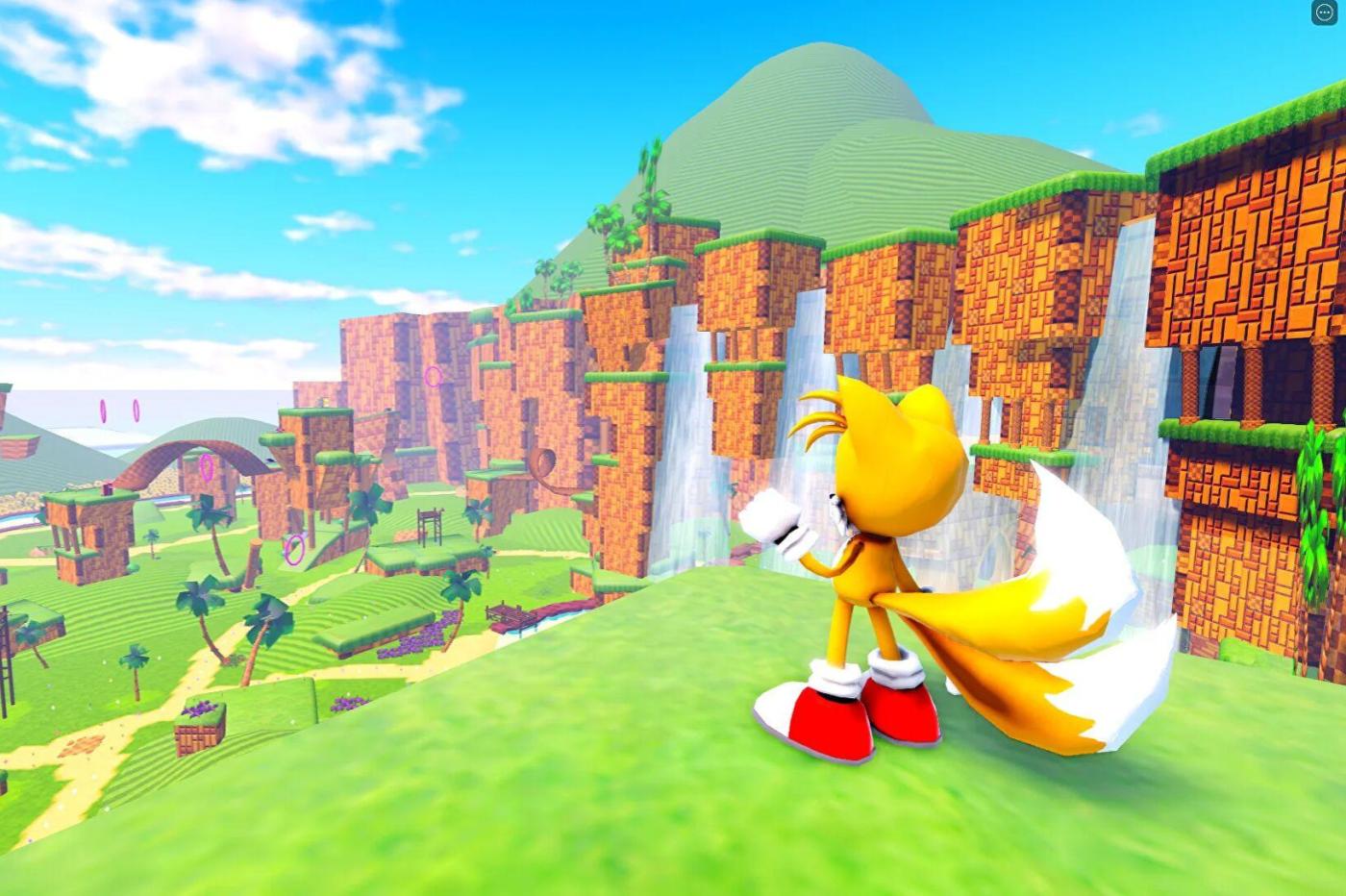 Capture d'écran du jeu Sonic sur Roblox avec Tails qui regarde l'horizon du monde Green Hill