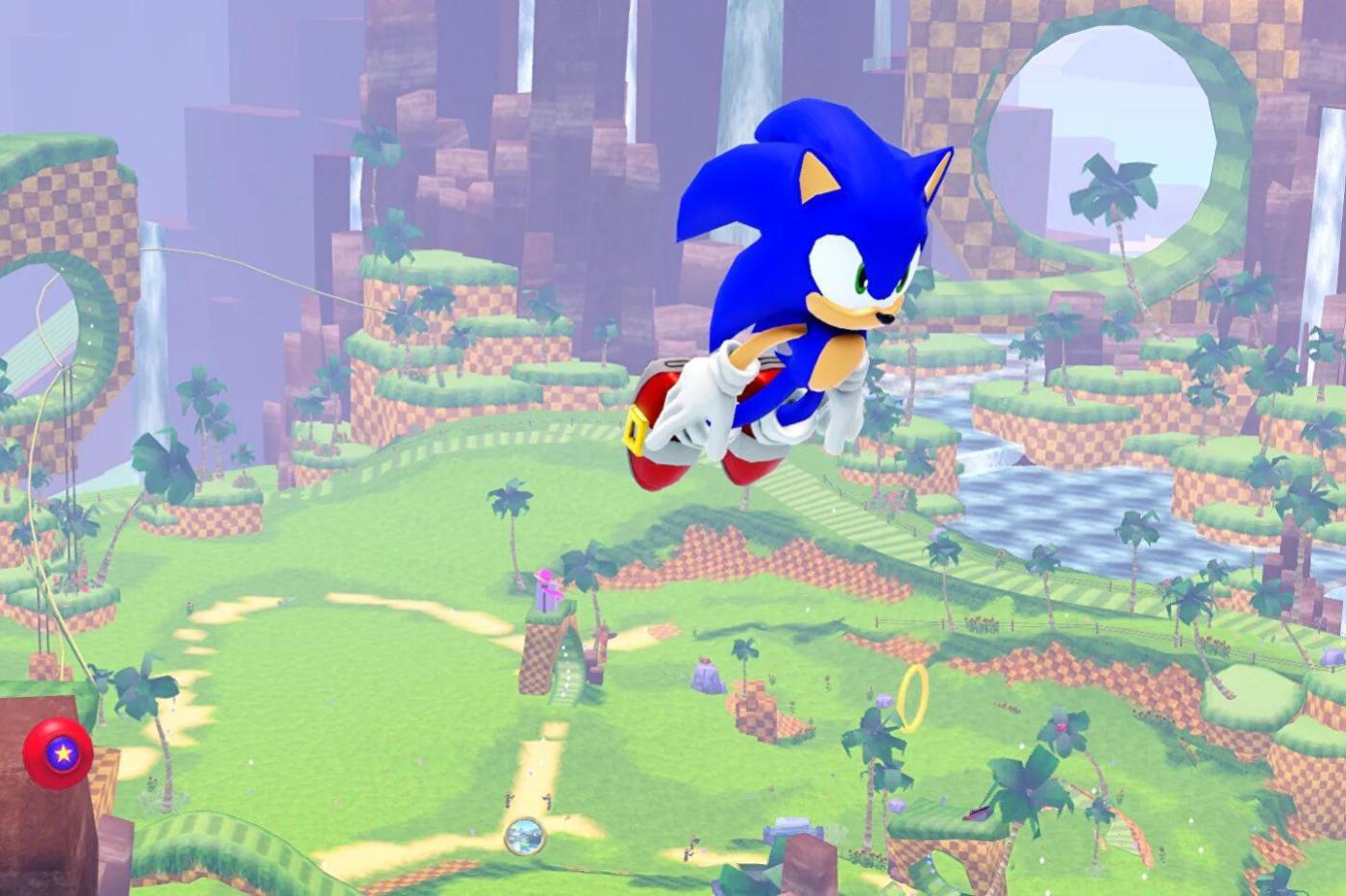 Capture d'écran du jeu Sonic Roblox montrant Sonic dans les airs après avoir été propulsé par un tremplin