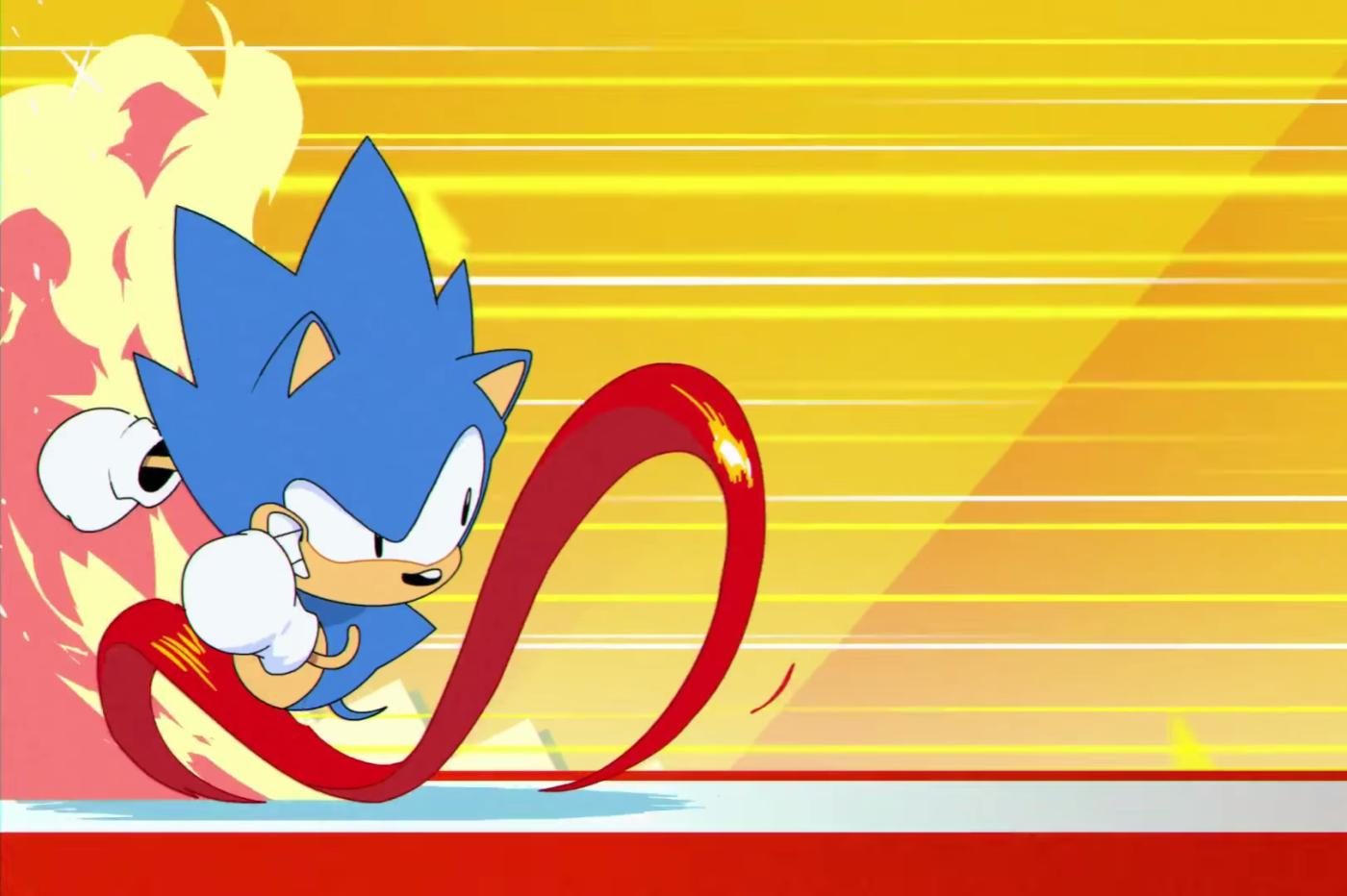 Extrait de la cinématique d'introduction de Sonic Mania montrait Sonic retro en train de courir sur place avant de partir à toute vitesse