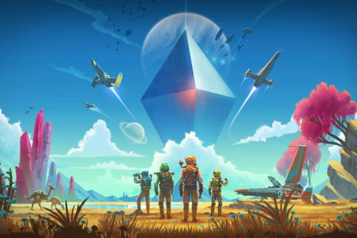 Image promotionnelle de No Man's Sky montrant 4 astronautes à terre, leur vaisseau et des vaisseaux dans le ciel