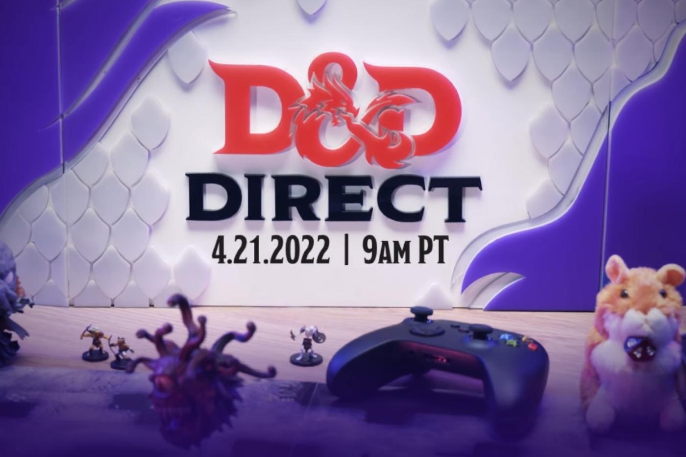 Affiche promotionnelle de l'événement D&D Direct, son logo, sa date, et une table avec des figurines de l'univers et une manette de Xbox