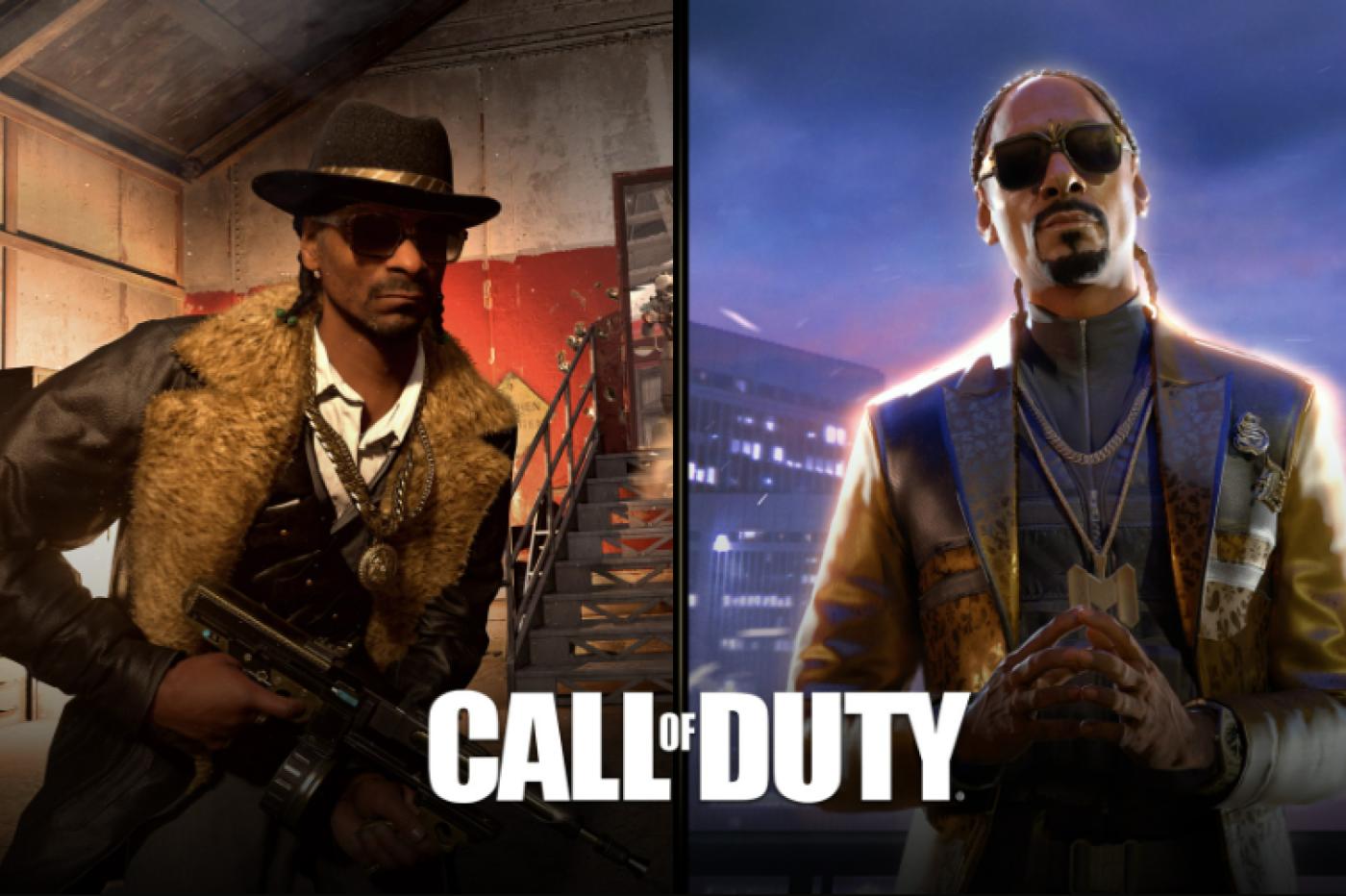 Image promotionnelle de l'addition de Snoop Dogg dans Call of Duty. L'image présente deux de ses tenues, une avec le la fourure et l'autre étant un costume cravate