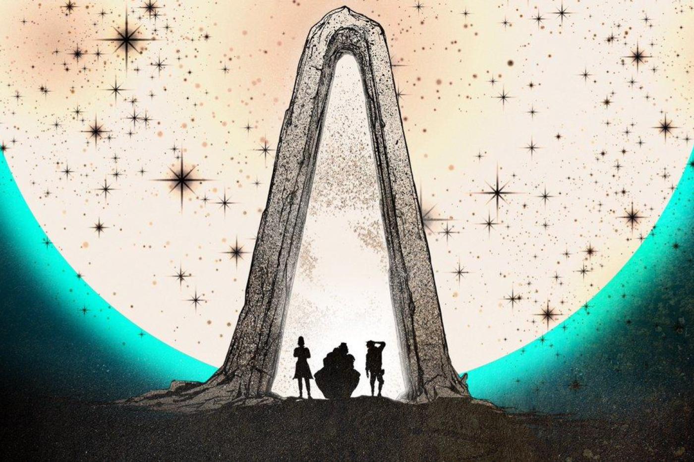 Première image dévoilée de la suite de Tales From the Borderlands montrant l'ombre d'une arche et de 3 nouveau personnages devant une lune