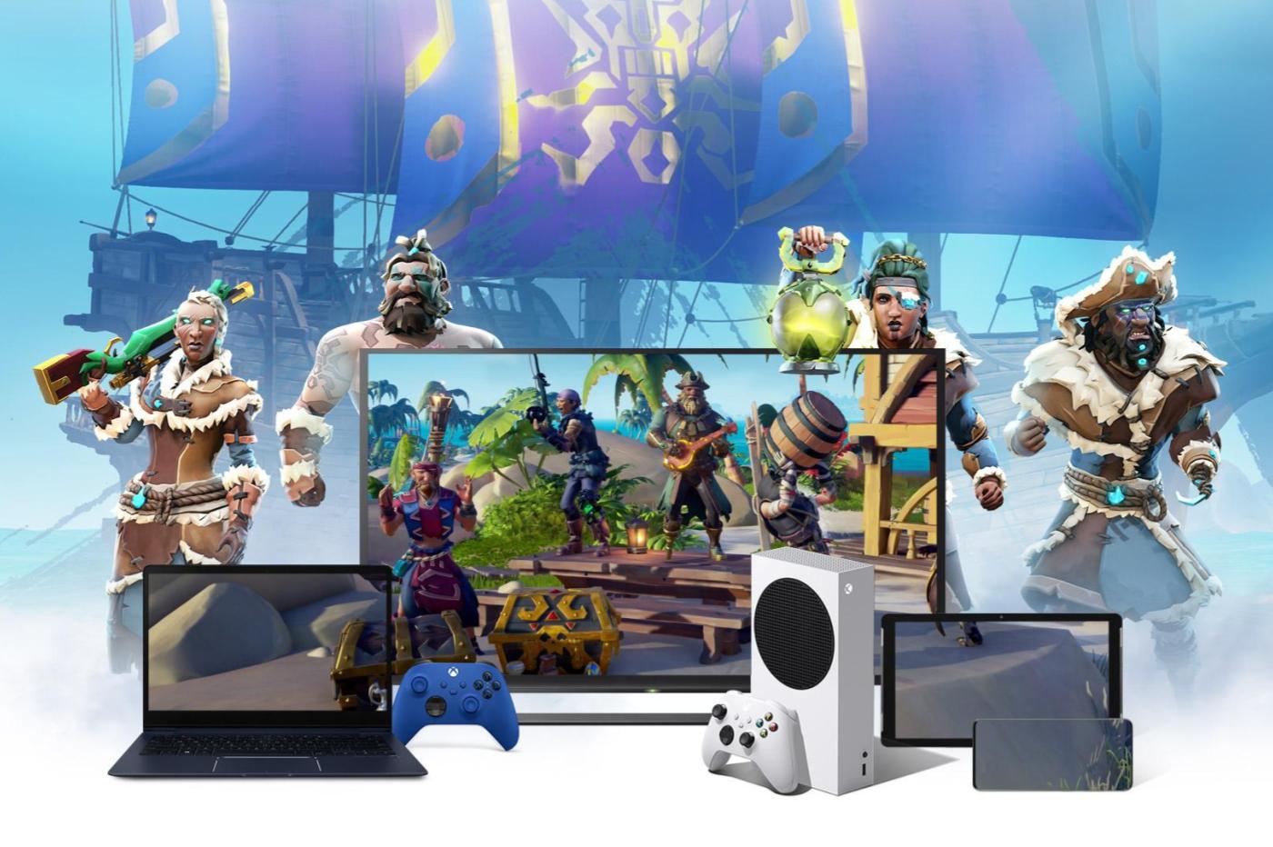 Image promotionnelle pour le Xbox Cloud Gaming avec les pirates de Sea of Thieves et le jeux sur les écrans des différentes plateformes Cloud.