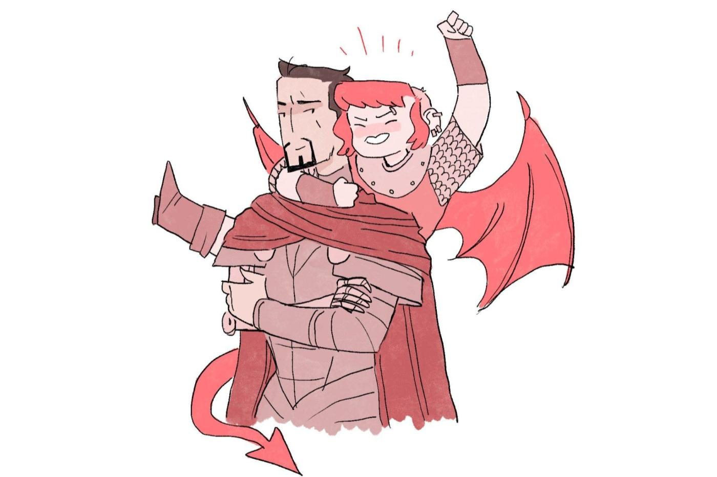 Dessin représentant deux personnages de la BD Nimona. Nimona a des ailes de dragon et est accrochée aux épaules d'un homme.