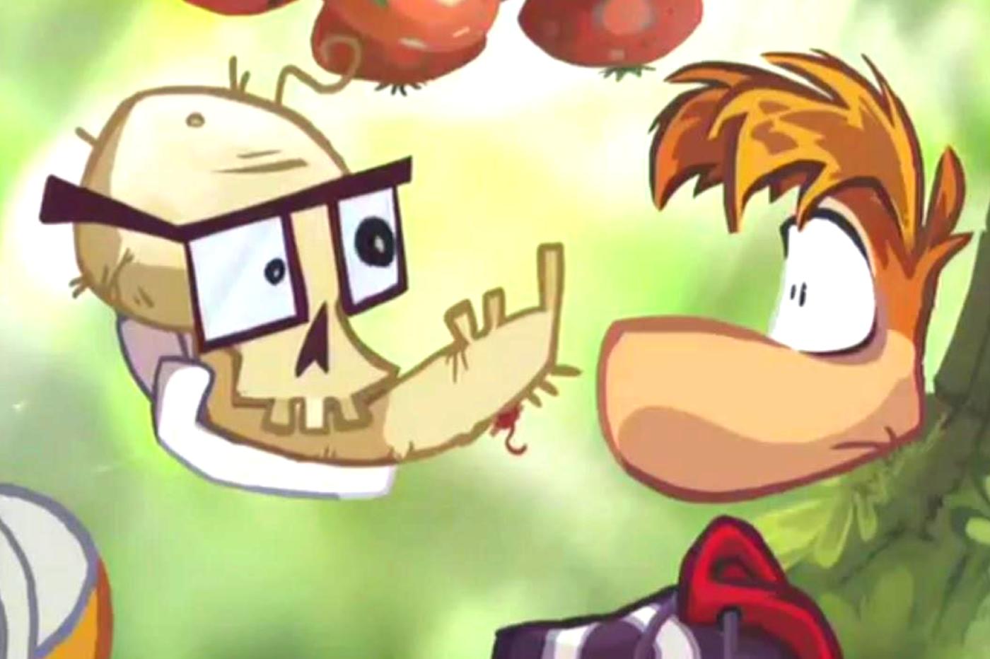 Capture d'écran de Rayman Origins avec Rayman tenant un crâne à lunettes dans sa main
