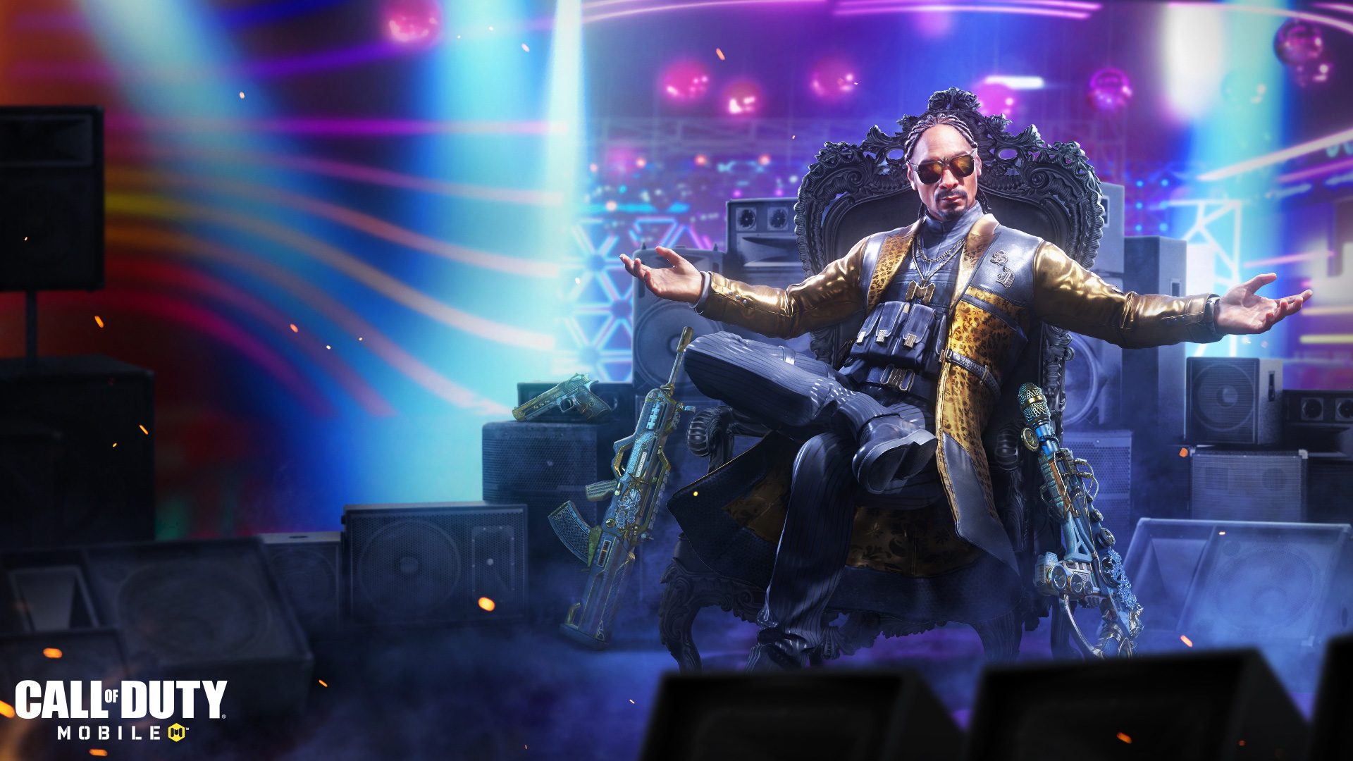 Image promotionnelle de l'addition de Snoop Dogg dans Call of Duty. Il est assis les bras ouverts dans un grand siège.