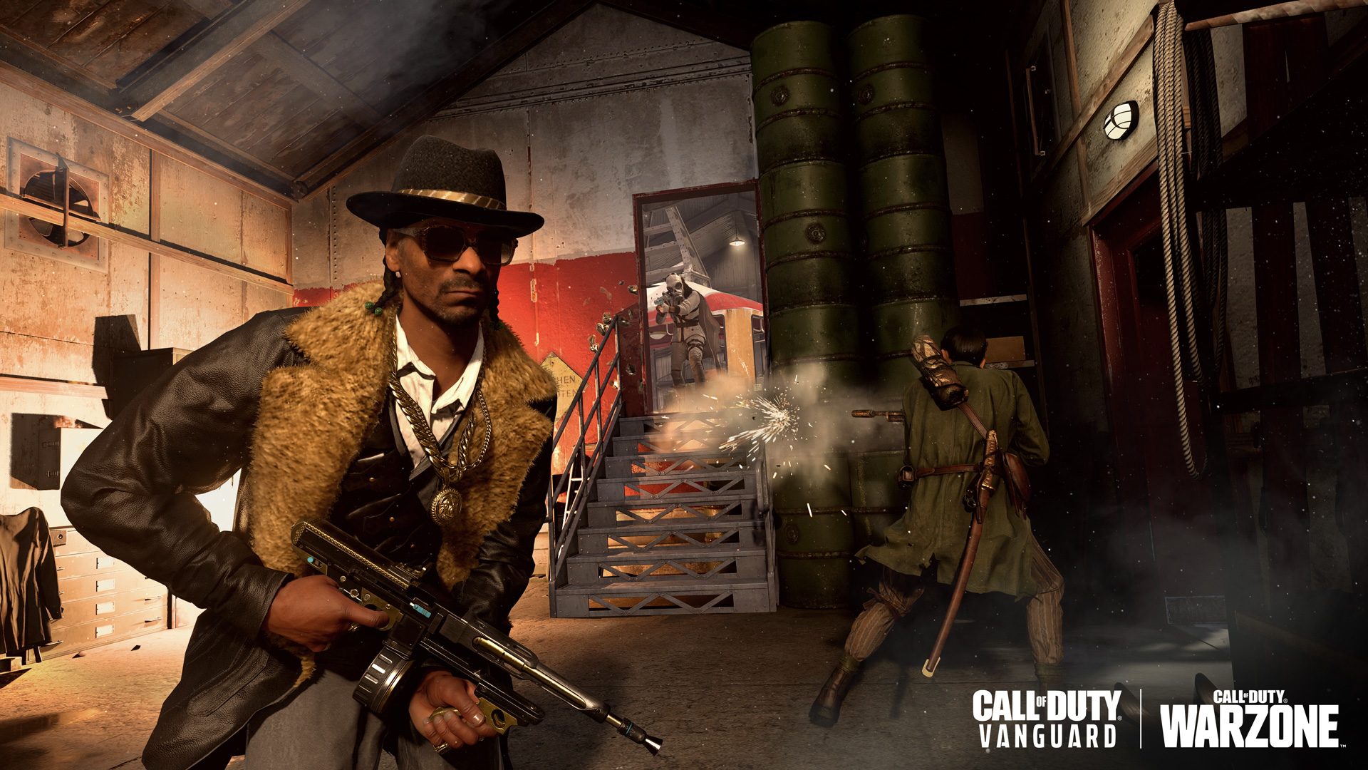 Capture d'écran d'une des apparences de Snoop Dogg dans Call of Duty Vanguard et Warzone. Il porte une fourrure et un fedora.