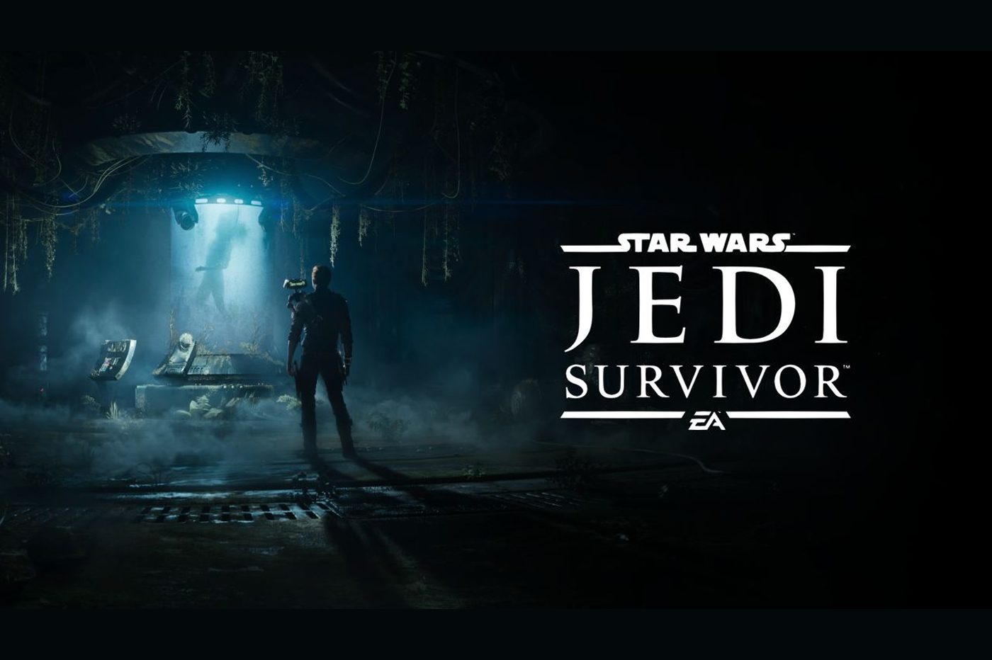 Image tirée du teaser d'annonce de Jedi Survivor avec le logo du jeu à droite et Cal à gauche