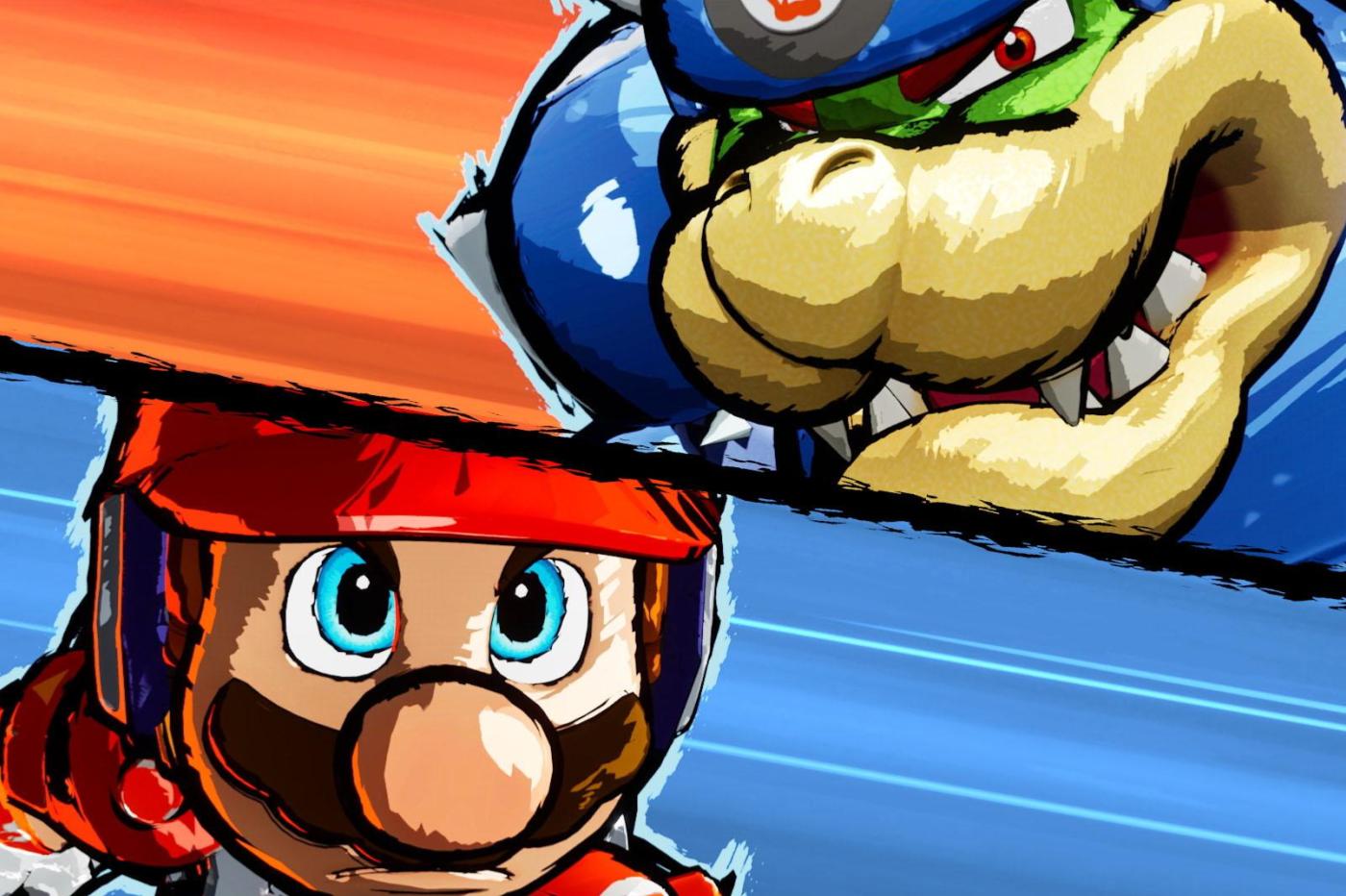Image promotionnelle de Mario Strickers : Battle League football sur Switch avec Mario et Bowser se lançant des regards