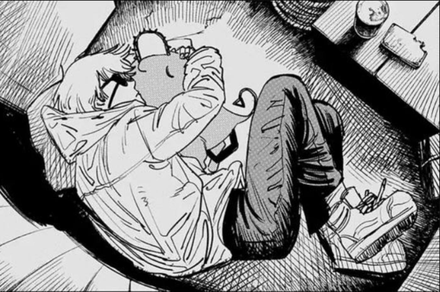 Extrait du manga Chainsaw Man avec Denji faisant un câlin à Pochita le chien-tronçonneuse