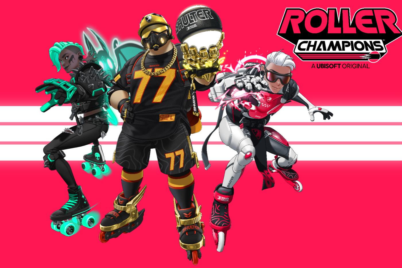 Image promotionnelle du jeu Roller Champions avec trois perosnnages habillés différemment dans des tenues adaptées au roller derby.