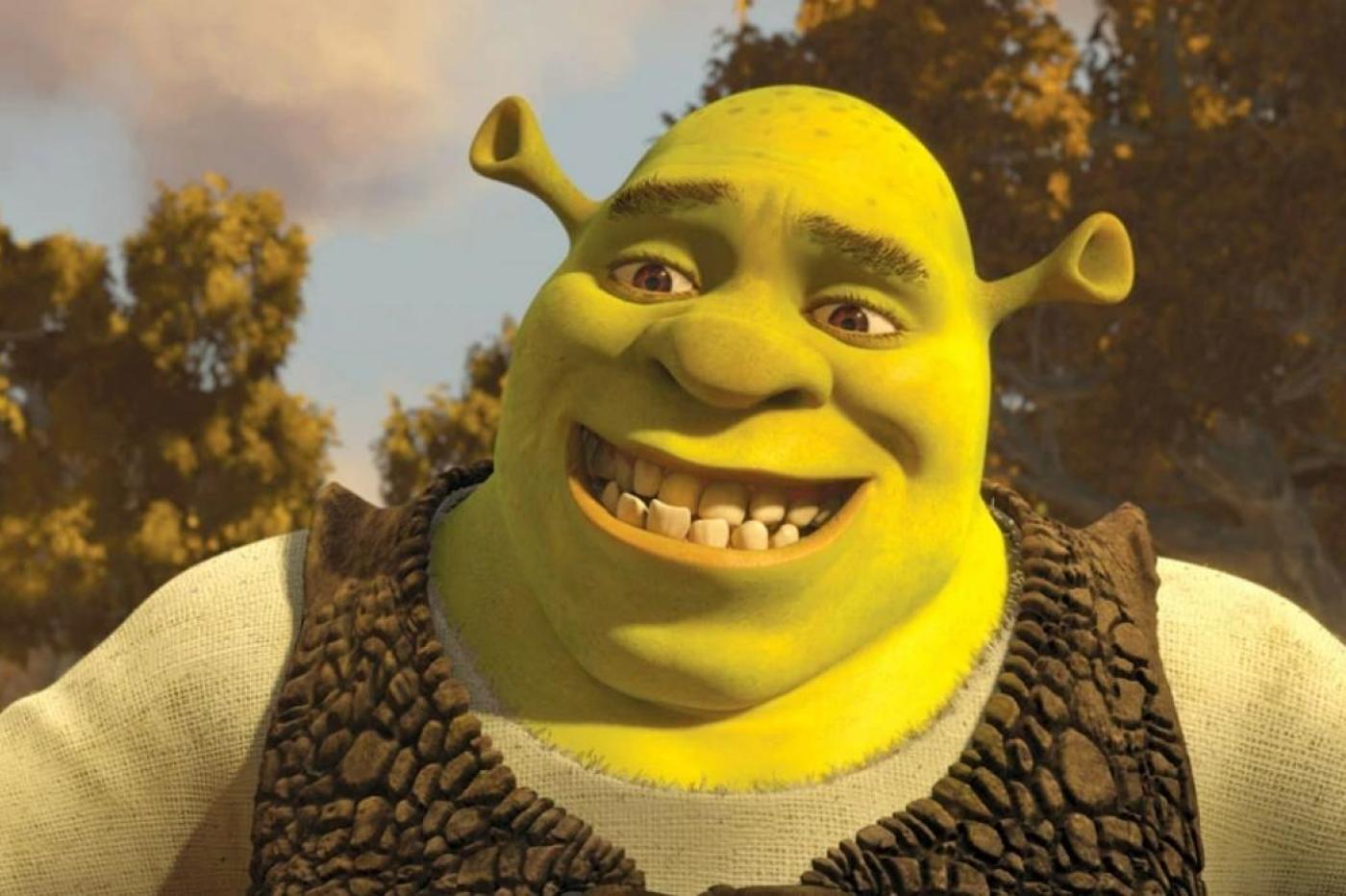 Capture d'écran du film Shrek avec Shrek qui fait son sourire forcé