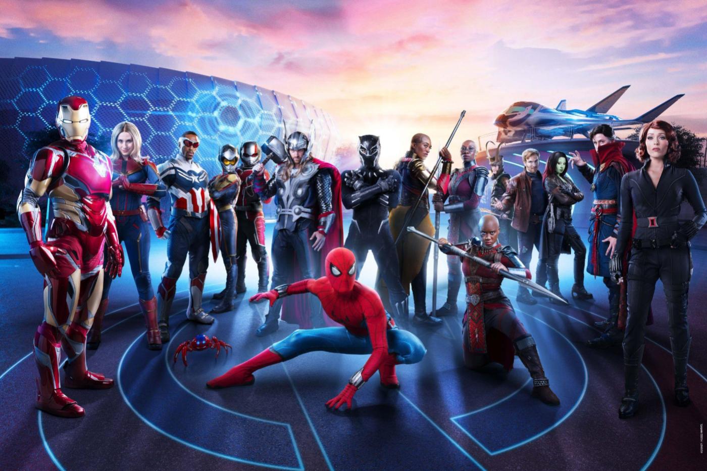 Image promotionnelle pour l'ouverture du Avengers Campus montrant tous les super héros dans le nouveau campus de Paris