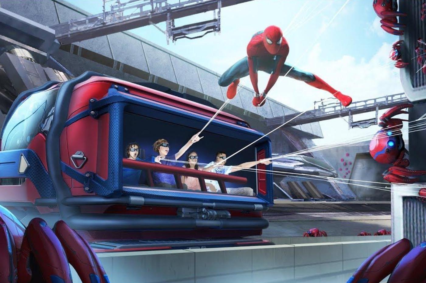Concept Art de l'attraction Spiderman montrant des passagers dans le véhicule, tirant des toiles sur des robots en compagnie de Spiderman