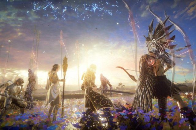 Image du jeu Babylon's Fall avec 4 personnages devant un couché de soleil