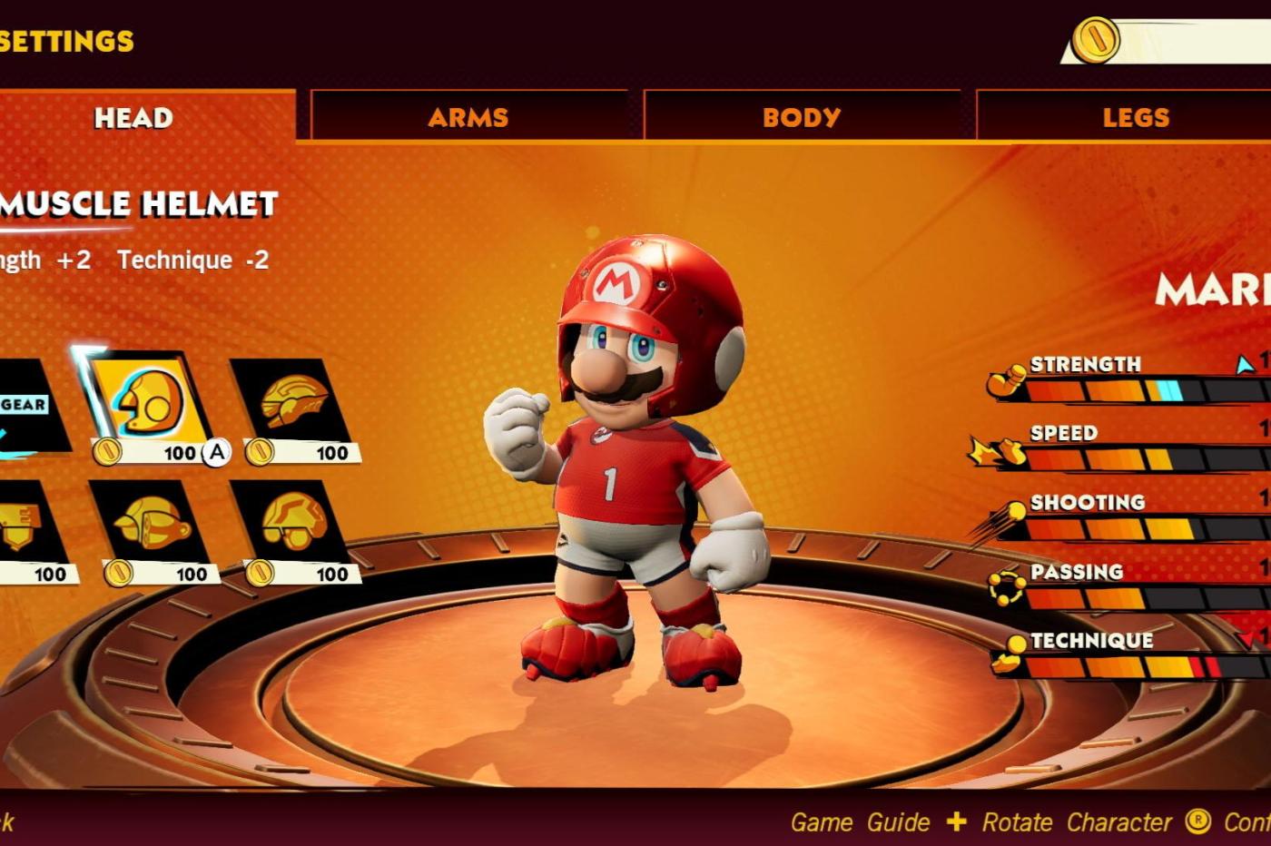 Capture d'écran du menu d'achat d'équipement avec Mario qui essaye un casque qui augmente sa force