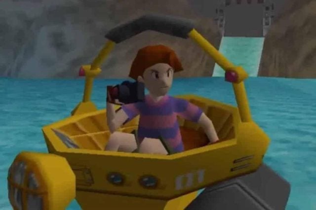 Capture d'écran de Pokémon Snap sur la Nintendo 64 avec le personnage principal dans son véhicule avec son appareil.