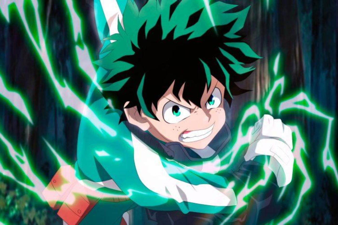 Image de l'anime My Hero Academia avec Midoriya (personnage principal) donnant un coup de point dans l'air