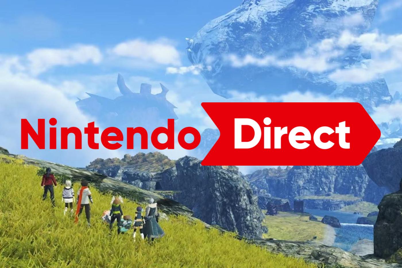 Capture d'écran de Xenoblade Chronicles 3 avec des plaines et les personnages principaux. Le logo Nintendo Direct est incrusté devant.