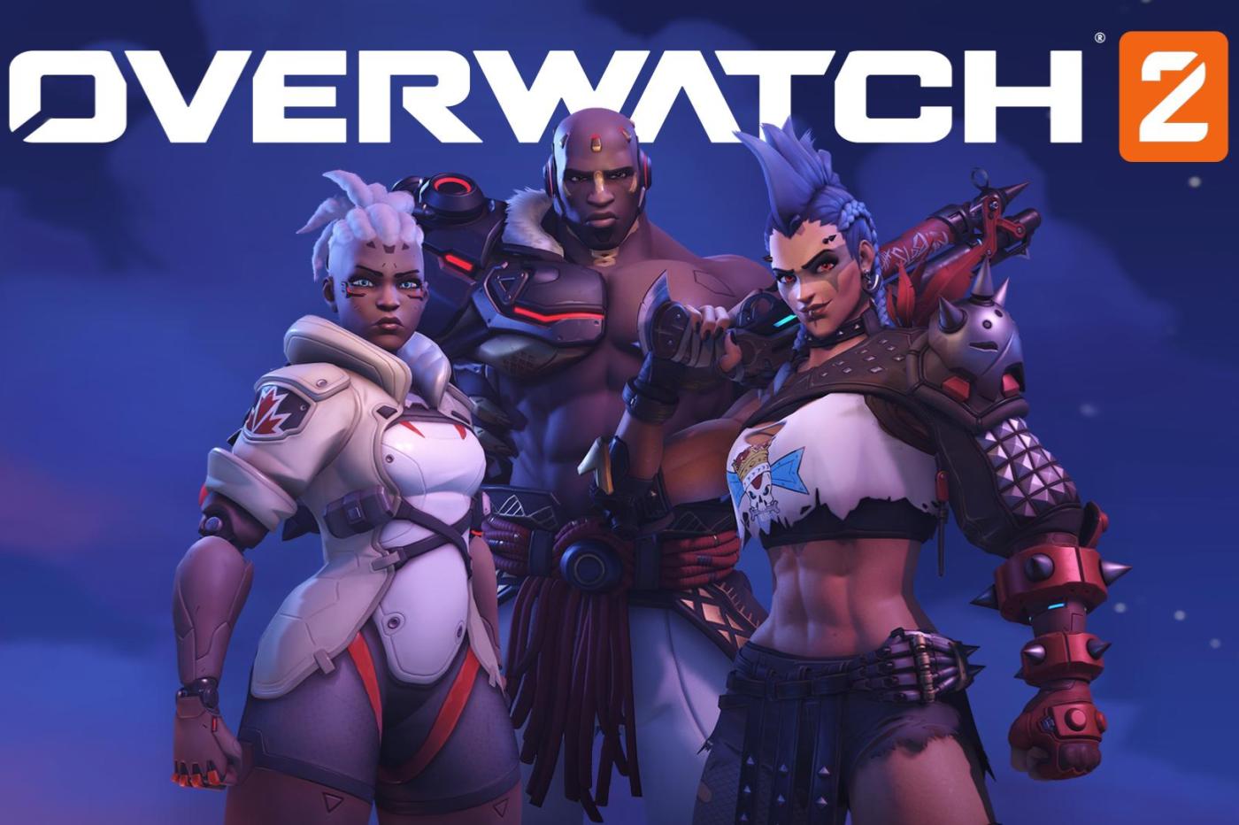 Image d'Overwatch 2 avec le logo, Sojourn, Doomfist et la Junker Queen.