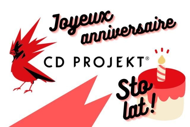 Logo de CD Projekt Red avec un gateau d'anniversaire et joyeux anniversaire en français et en polonais (sto lat)