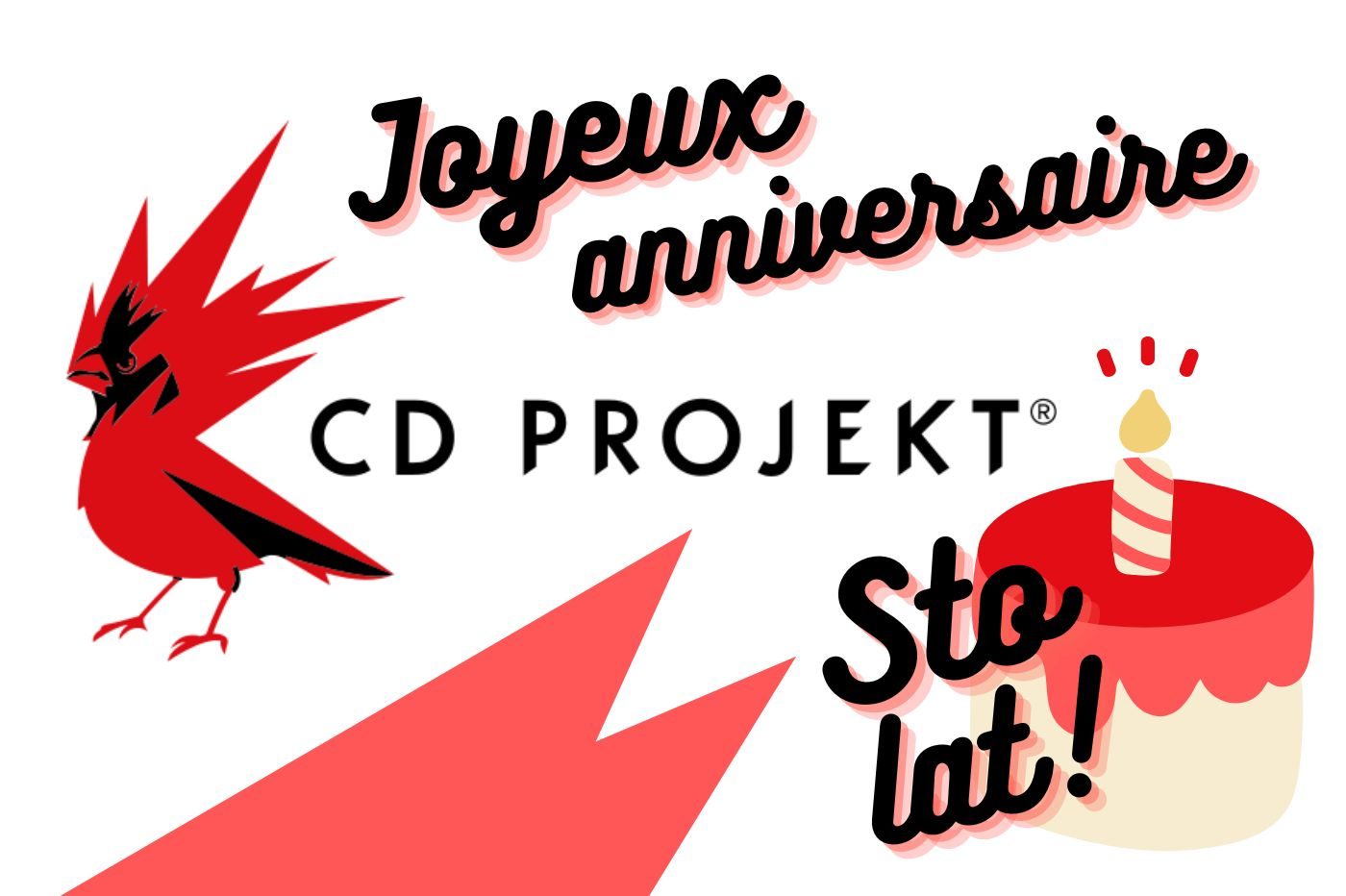 Logo de CD Projekt Red avec un gateau d'anniversaire et joyeux anniversaire en français et en polonais (sto lat)