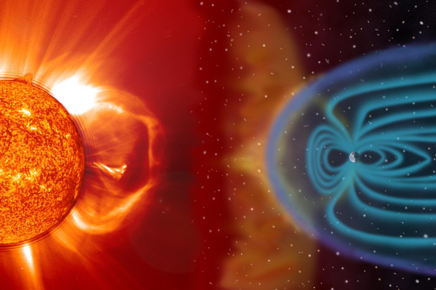 illustration de l'impact d'une éjection de masse coronale sur le champ magnétique terrestre