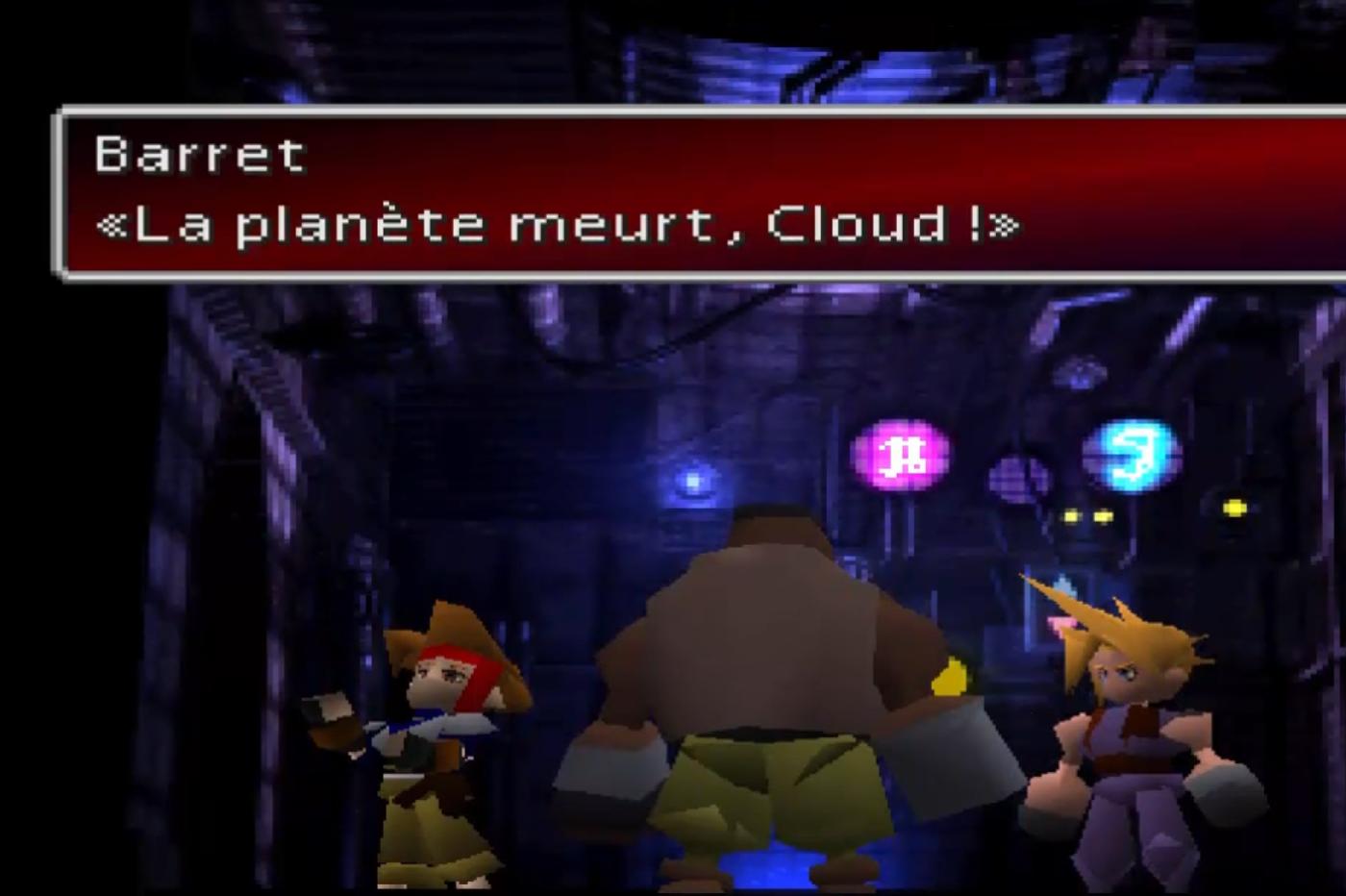 Capture d'écran du FF7 original avec Barret qui dit à Cloud "La Planète meurt, Cloud !"
