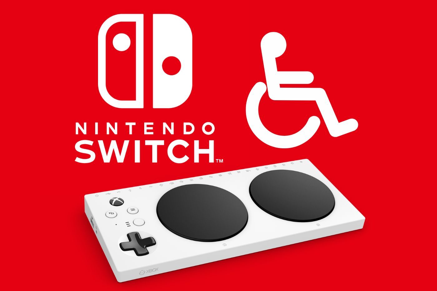 Logo Nintendo Switch, logo personne en situation de handicap et manette Xbox adaptative.