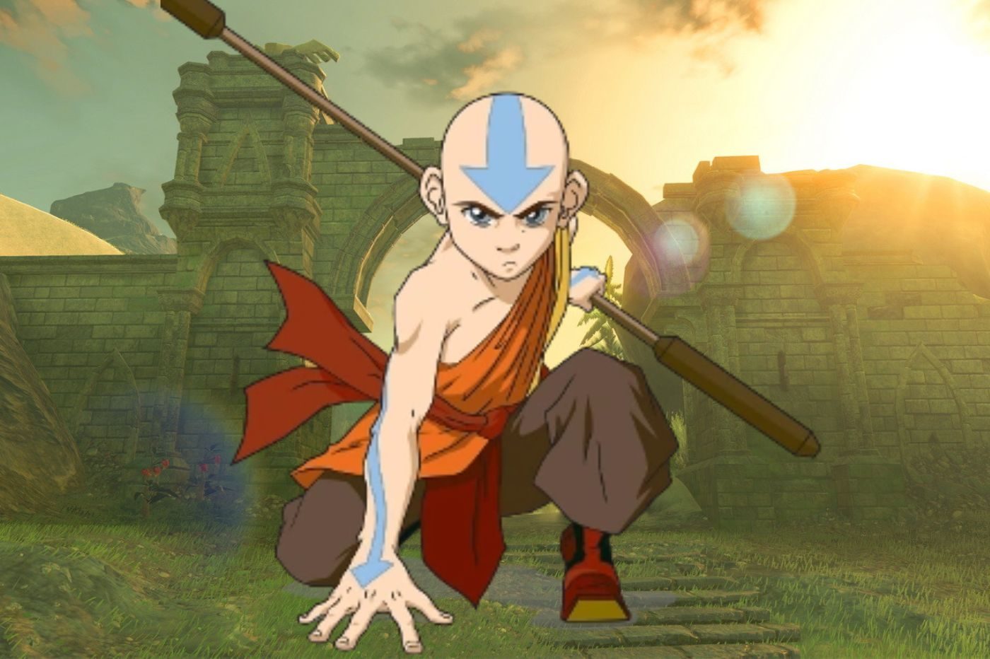 Aang sur un fond de Zelda Breath of the Wild