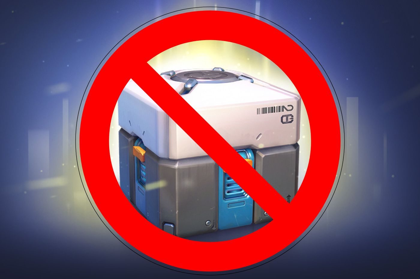 Image d'un coffre de butins d'Overwatch avec un signe interdit rouge devant.