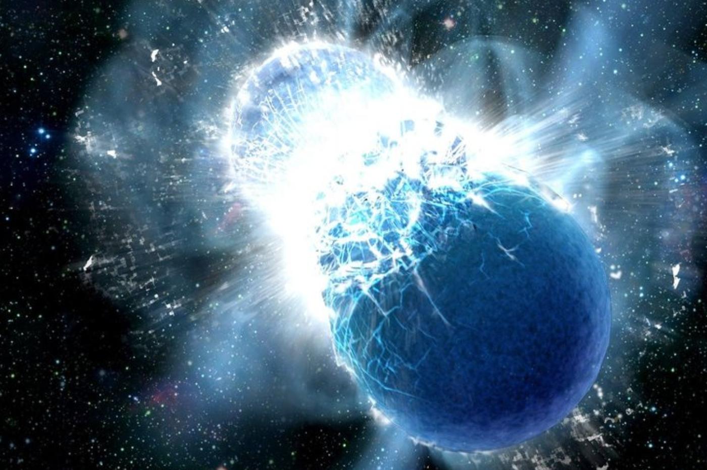 Une vue d'artiste d'une collision entre deux étoiles à neutrons.