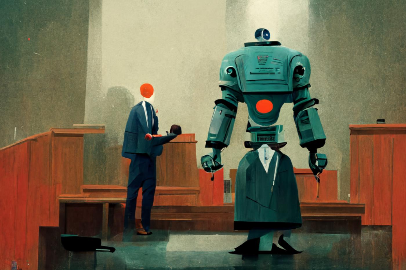 un robot avocat défend une personne au tribunal IA