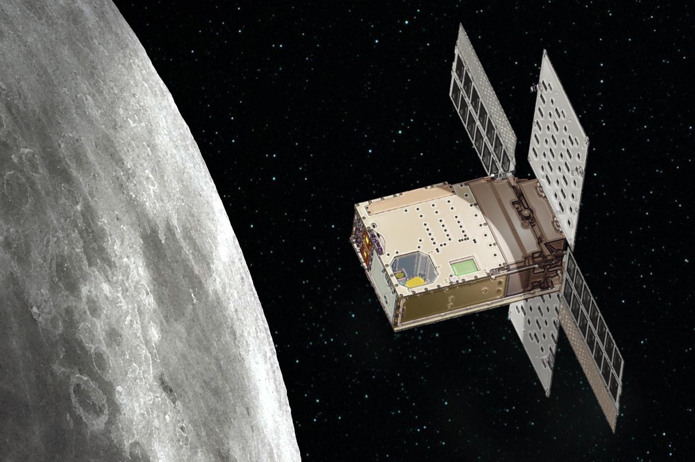 un rendu de la sonde Lunar Flashlight de la NASA en orbite de la Lune