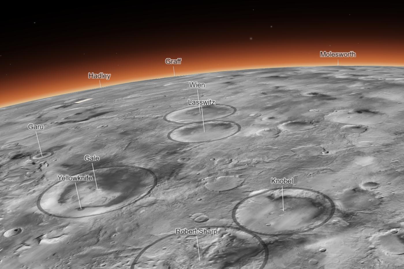 Des cratères sur la carte interactive de Mars