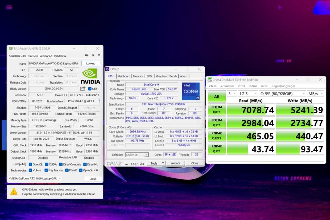Infos CPU, GPU et disque du Strix Scar 16 2023