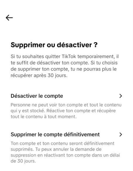 Désactiver Supprimer Compte Tiktok