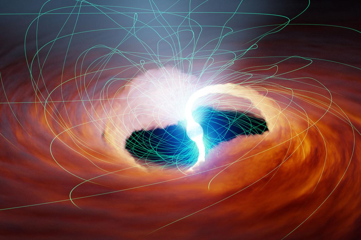Une illustration d'une ULX, avec deux panaches de gaz surchauffés en interaction avec le champ magnétique d'une étoile à neutrons