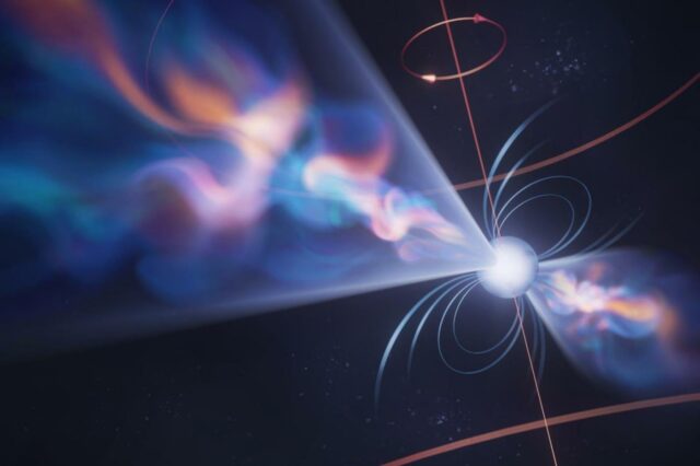 une illustration stylisée d'un pulsar par l'observatoire Nanograv