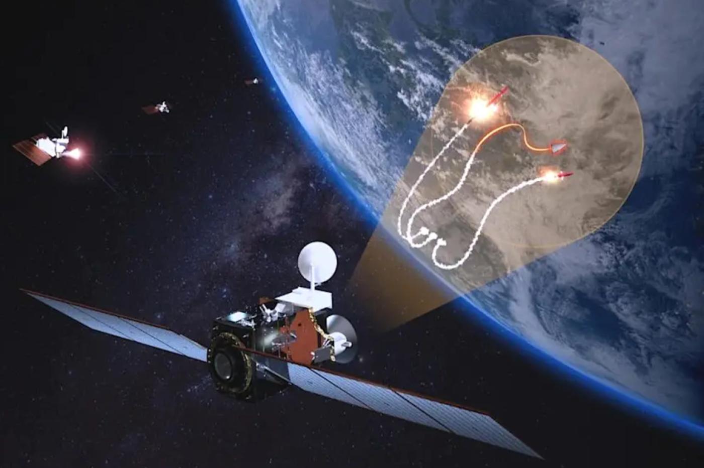 Un rendu 3D d'une constellation de satellites consacrée au suivi des missiles hypersoniques