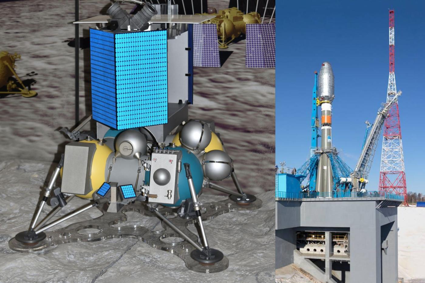 Une maquette de l'alunisseur de la mission Luna 25 et une photo d'un Soyouz (à g.) au cosmodrome de Vostochny (à d.)