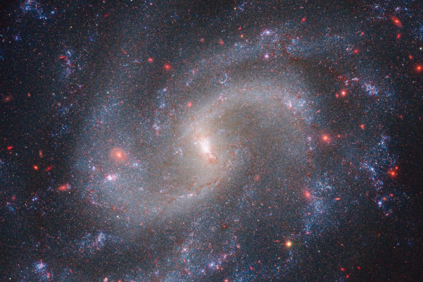 Une superposition des images de la galaxie NGC 5584 capturées par Hubble et le James Webb