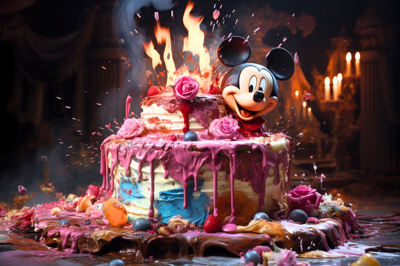 Mickey sur un gâteau en feu et détruit