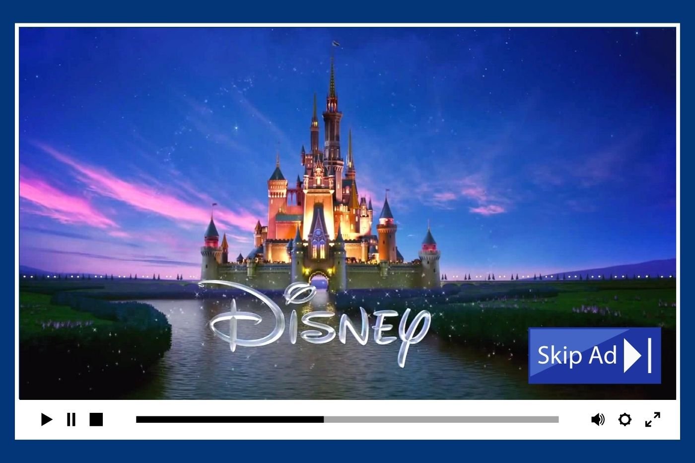 Lecteur vidéo avec logo Disney et bouton skip pub