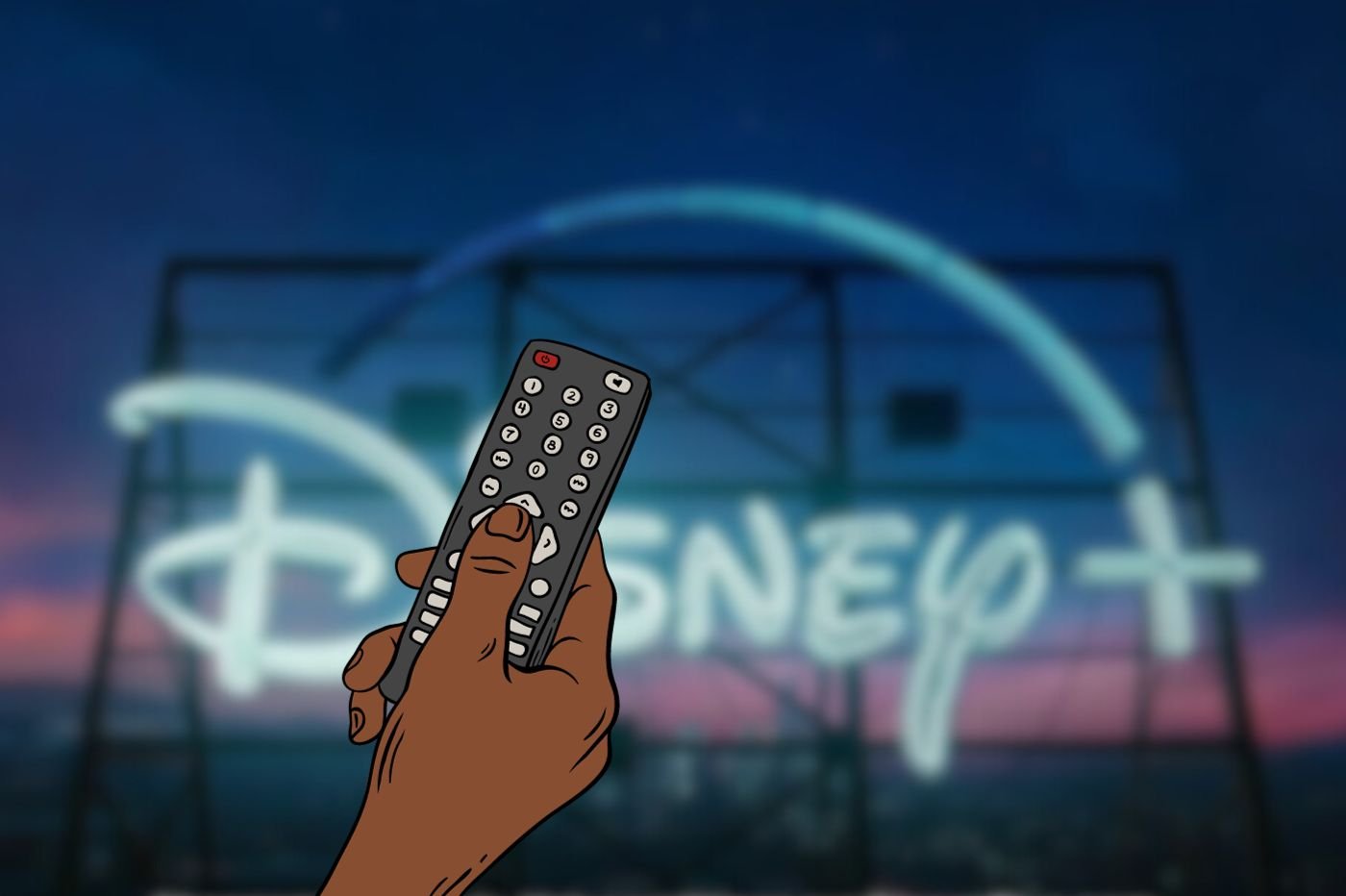 Une main avec une télécommande devant le logo Disney+